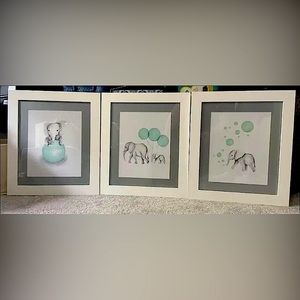 Set of 3 framed hand drawn art gray with turquoise accent. Great for nursery